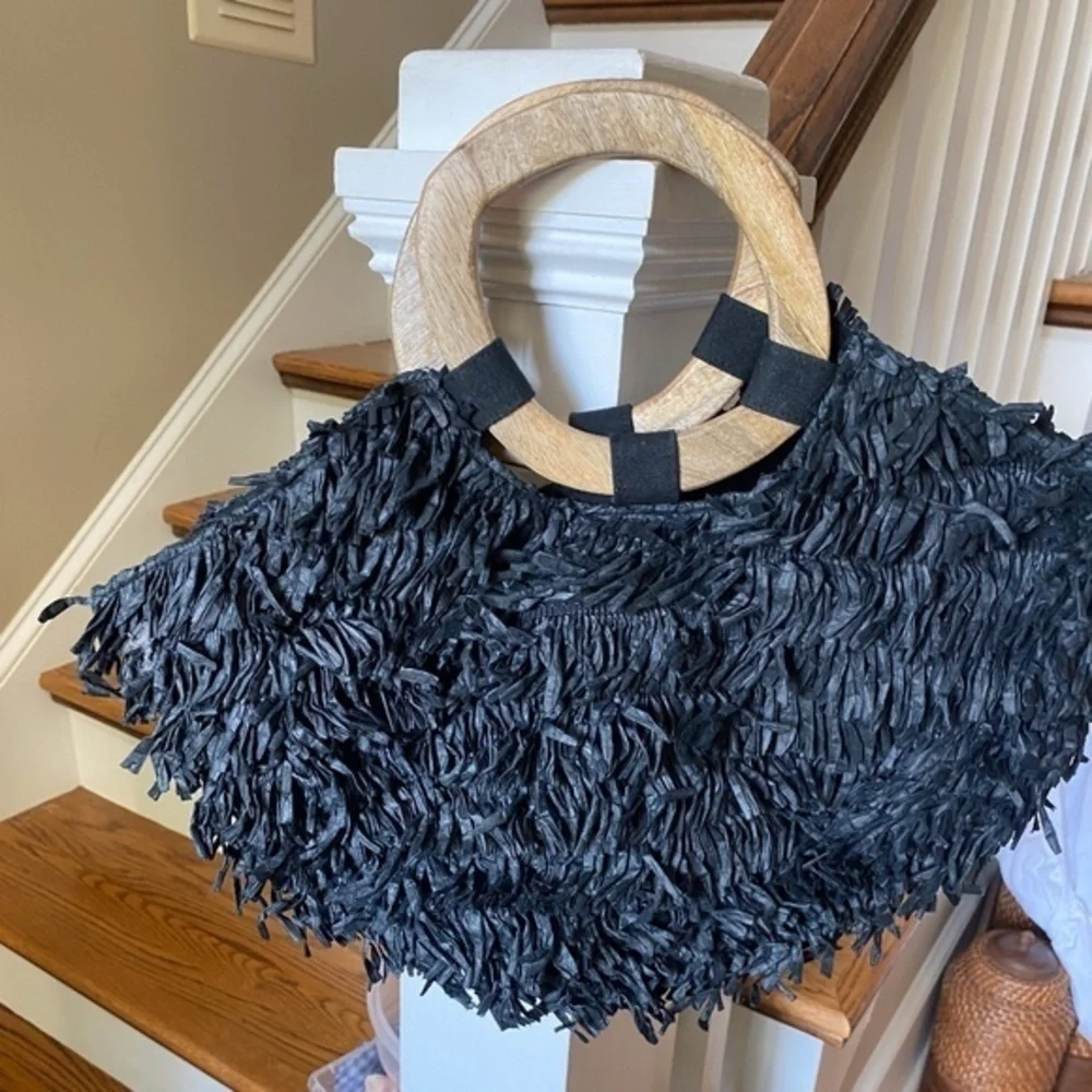 Anthropologie Black Raffia Wooden Handle Tote Bag